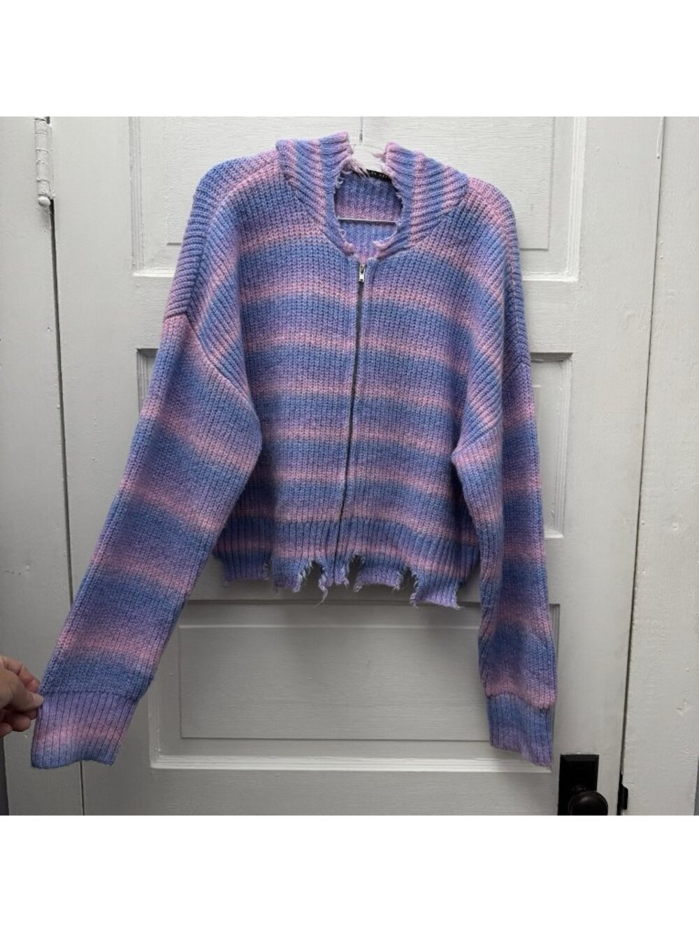 Brooklyn Karma Distressed Zip Cardigan Sweater Medium Purple Pink Striped Grunge
